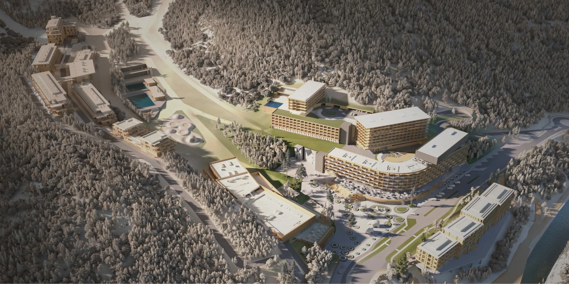 Аерорендер майданчика GORO Mountain Resort — розташування готелів ONDE та майбутня інфраструктура курорту