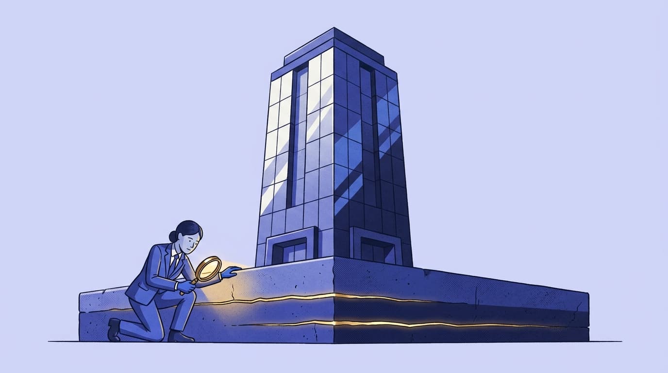 Висока індиго-вежа фонду Inzhur REIT з повторюваною тонкою тріщиною у фундаменті — символ чистого аудиту фонду і qualified opinion по КУА вдруге поспіль