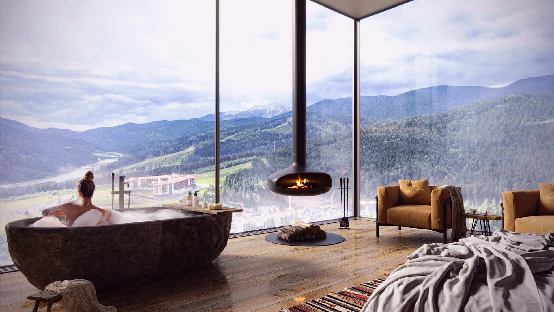 AHNI Moon Resort — інтер'єр апартаменту з видом на гори та каміном