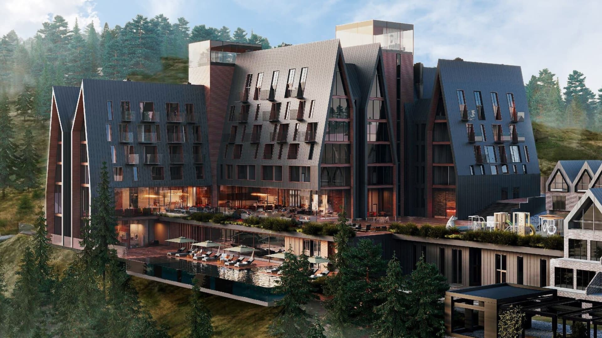 AHNI Moon Resort — нічний рендер фасаду з підсвіткою