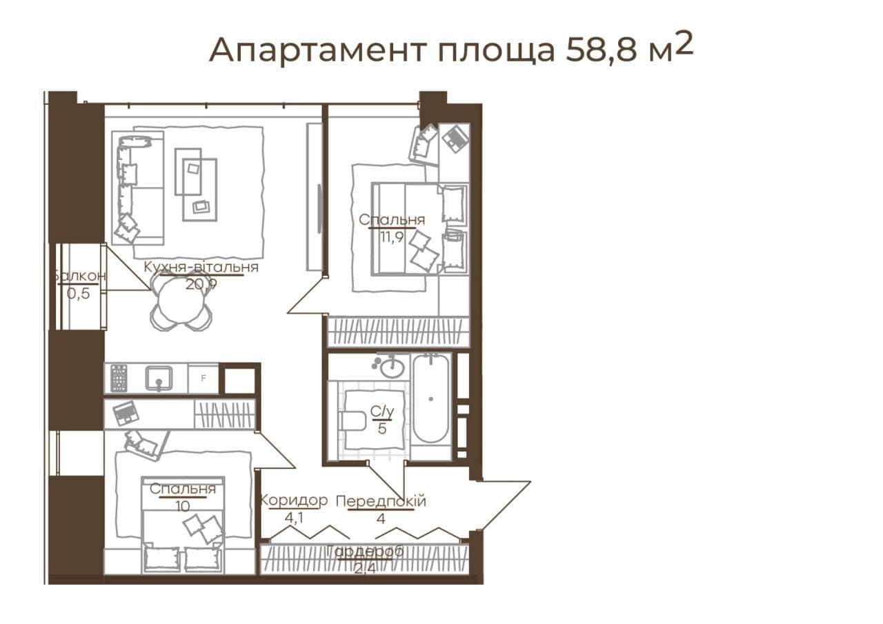 Апарт 204 — план 1–2-кімнатного апартаменту 58,8 м²