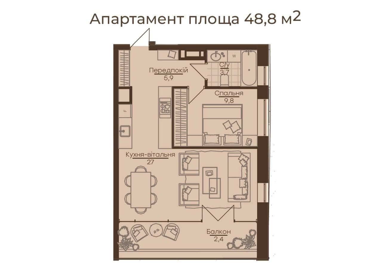Апарт 223 — план 1-кімнатного апартаменту 48,8 м²